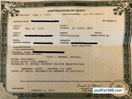 USA Missouri Department of Health Death Certificate